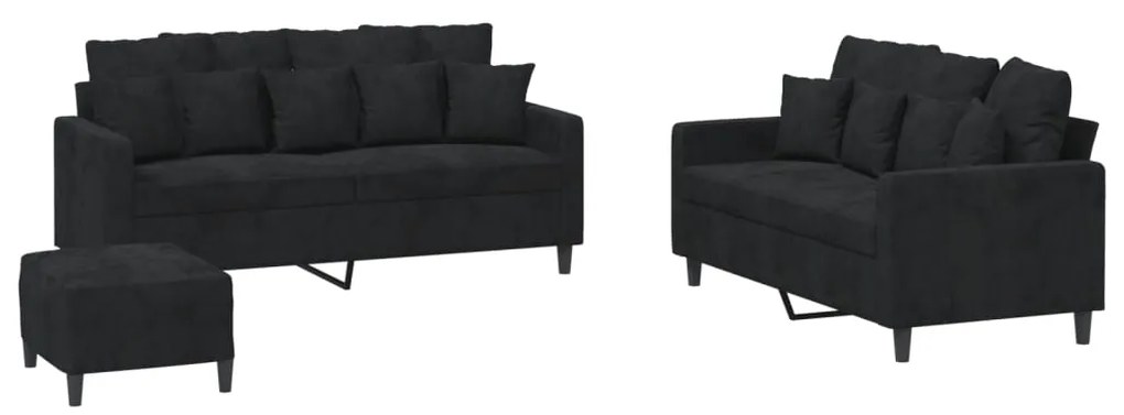 3201715 vidaXL Комплект дивани от 3 части с възглавници, черен, кадифе