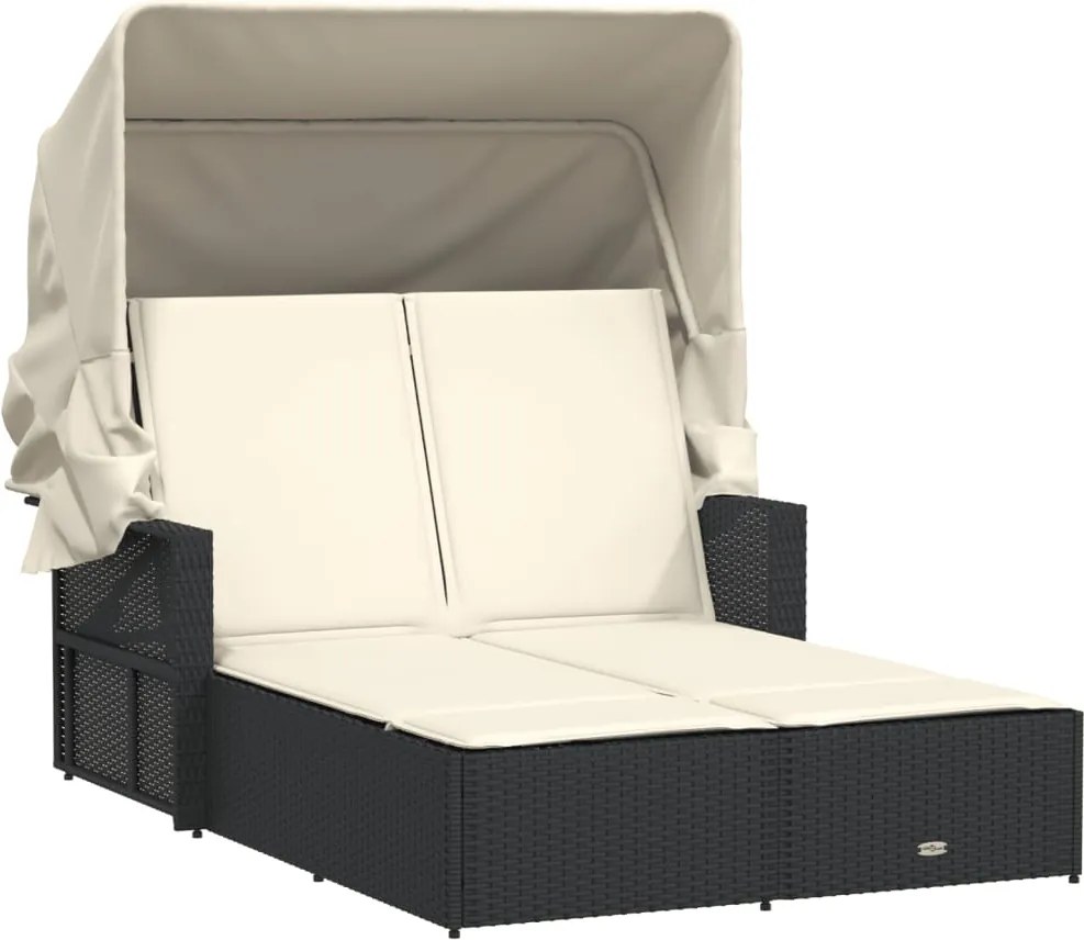 365806 vidaXL Двоен шезлонг със сенник и възглавници черен полиратан