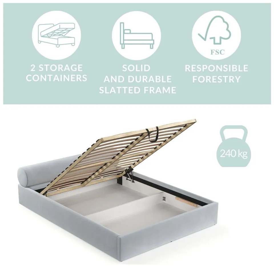 Светлокафяво двойно легло 160x200 cm тапицирано с място за съхранение с включена подматрачна рамка Solvo – Maison de Rêve