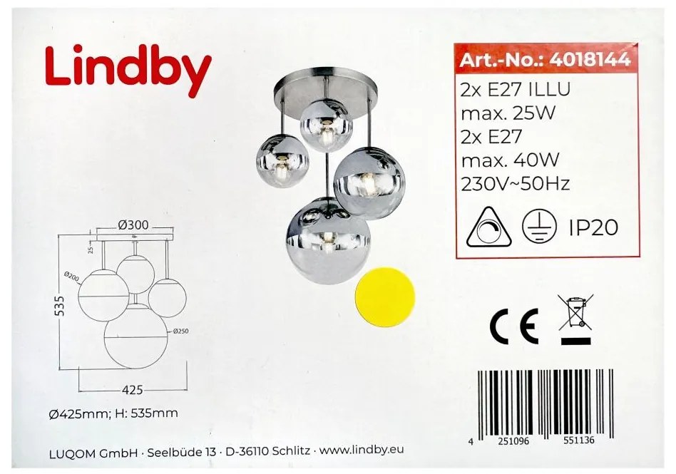 Lindby - Висящ полилей RAVENA 2xE27/40W/230V + 2xE27/25W