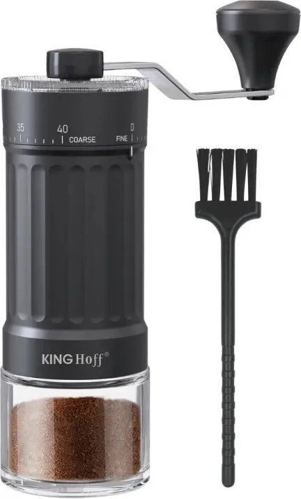 Ръчна кафемелачка Kinghoff KH 2002, 30 г, Керамичен механизъм, Безстепенно регулиране на фиността на смилане, Черен