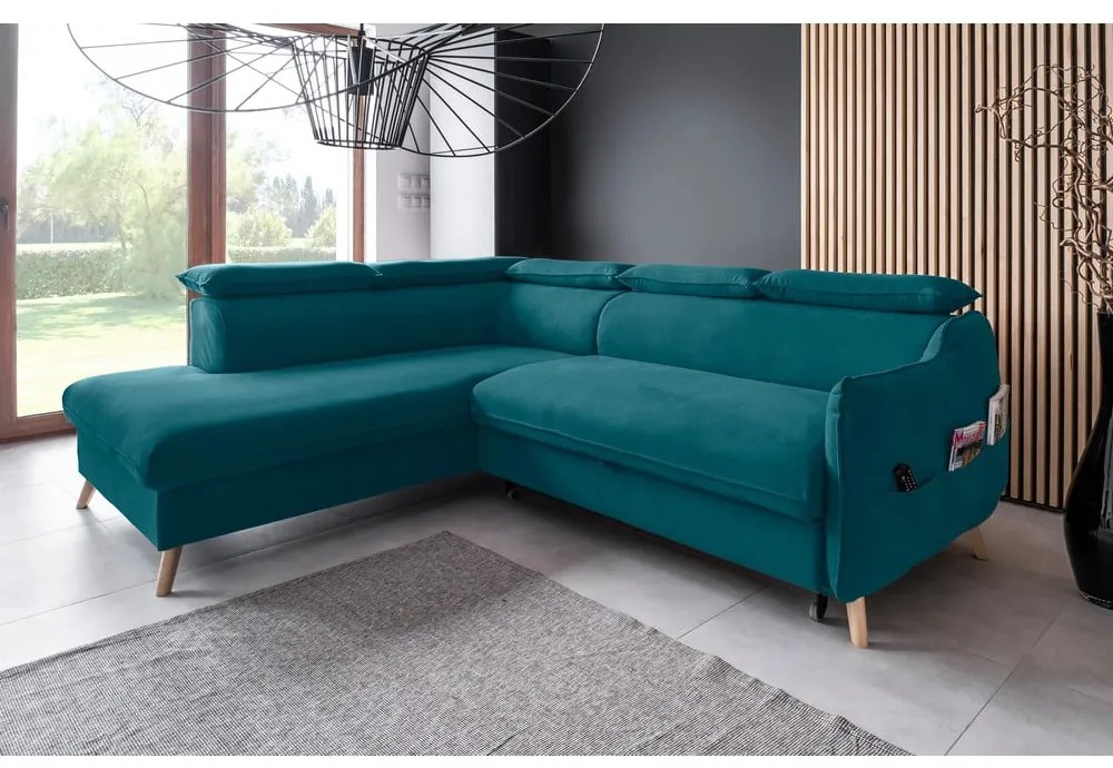 Ъглов разтегателен диван от тюркоазено кадифе (ляв ъгъл) Sweet Harmony - Miuform