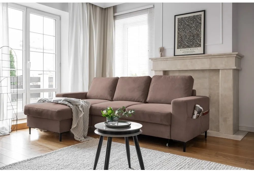 Кафяв разтегателен ъглов диван от рипсено кадифе (ляв ъгъл) Lofty Lilly – Miuform