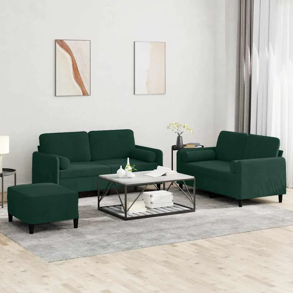 3202006 vidaXL Комплект дивани 3 части с възглавници, тъмнозелен, кадифе