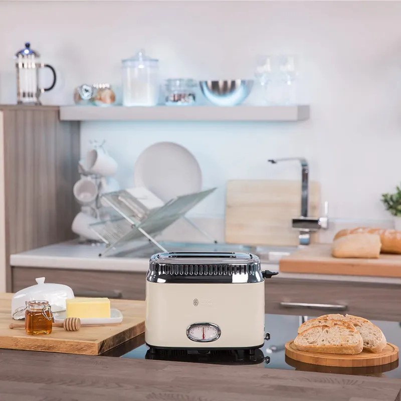 Тостер за хляб Russel Hobbs Retro Vintage Cream 21682-56, 1300W, 2 филийки, 6 нива, Ретро индикаторна скала, Lift & Look, Бързо препичане, Кремав/инокс