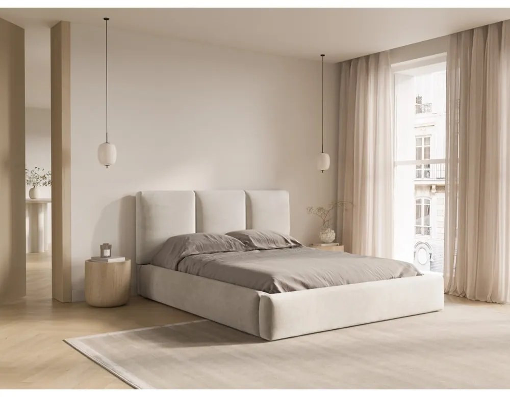 Кремаво тапицирано кадифено двойно легло с място за съхранение с включена подматрачна рамка 140x200 cm Brody – Mazzini Beds