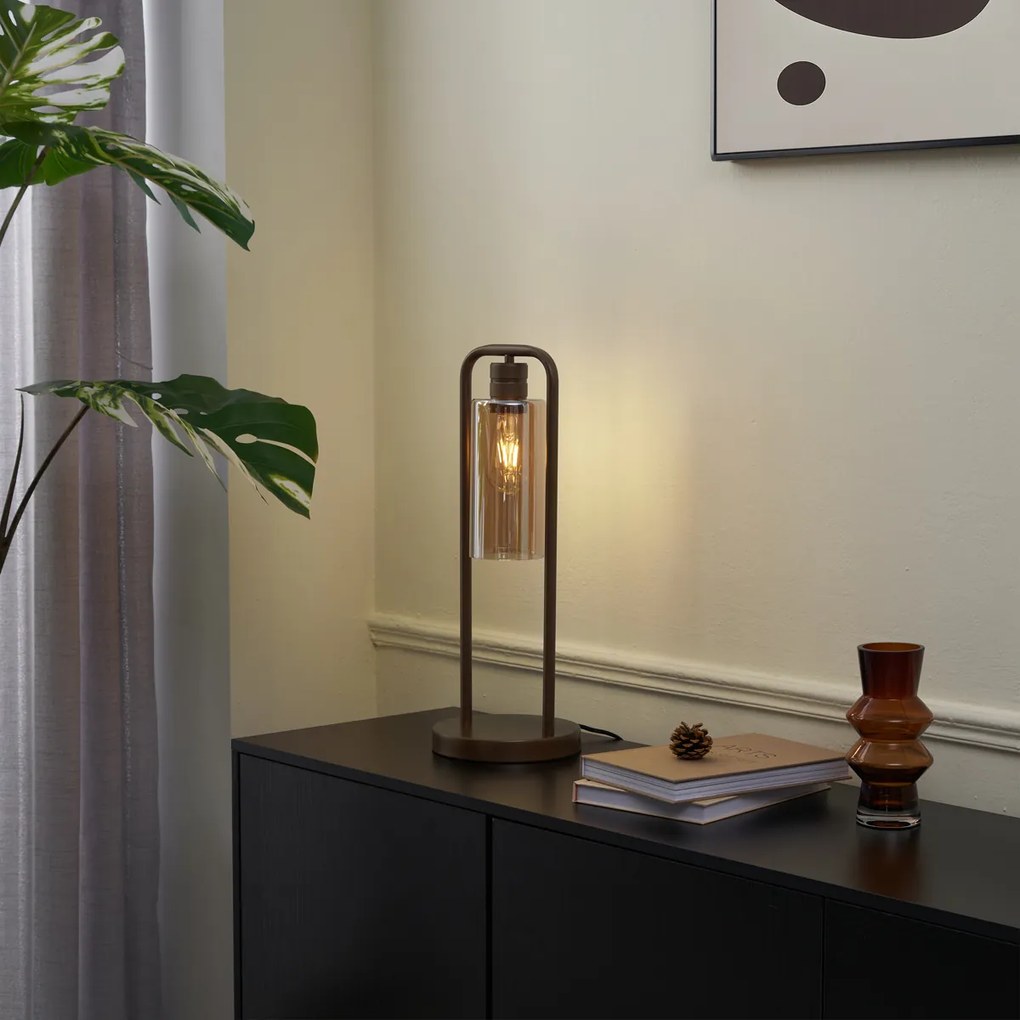 Хотелска шик настолна лампа тъмен бронз с кехлибарено стъкло - Stavelot
