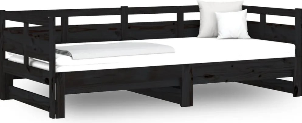 820326 vidaXL Разтегателна кушетка, черна, борово дърво масив, 2x(90x190) см