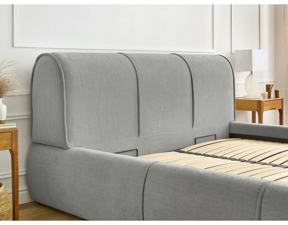 Светлосиво тапицирано двойно легло с място за съхранение с решетка 180x200 cm Vernon - Bobochic Paris