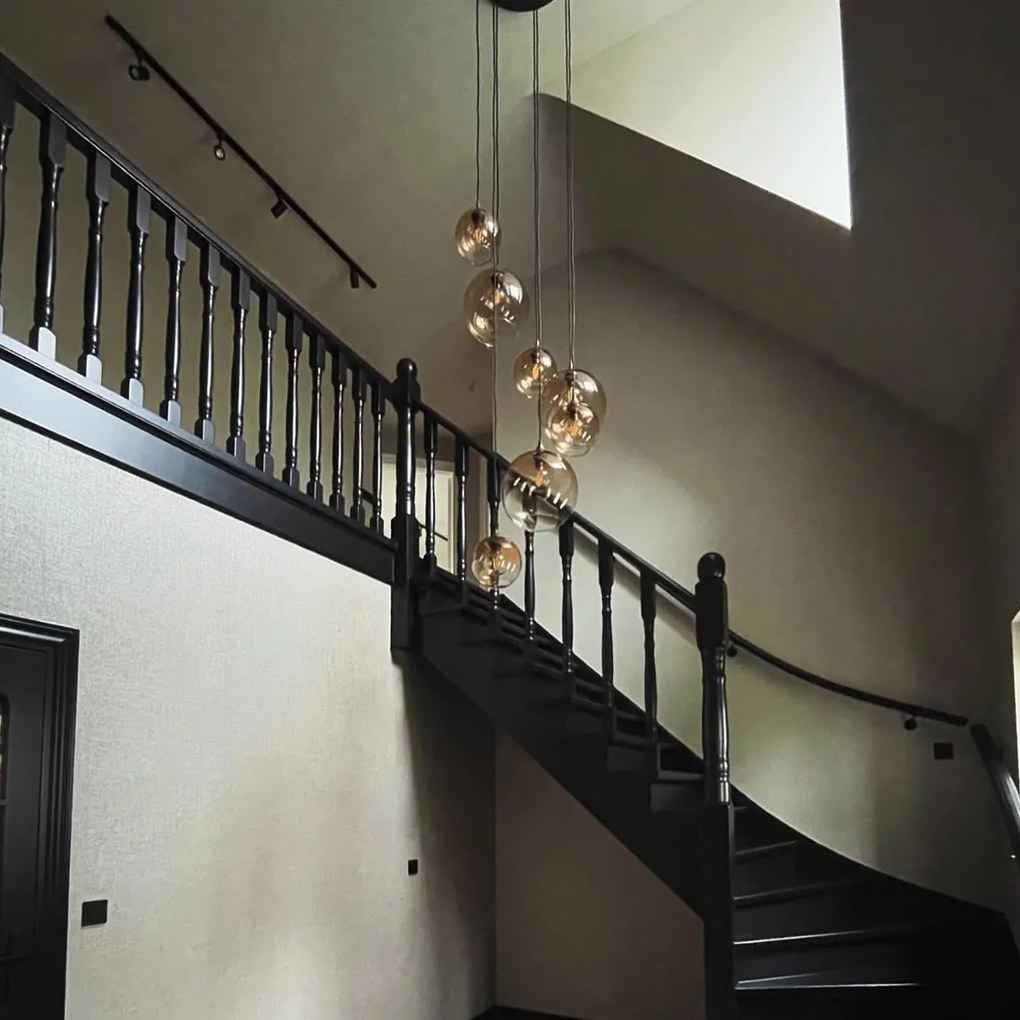 Смарт висяща лампа тъмен бронз с кехлибарено стъкло 7 светлини вкл. 7 Wifi A60 - Sandra