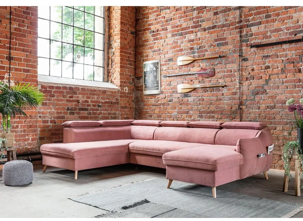 Светлорозов кадифен U-образен ъглов разтегателен диван (ляв ъгъл) Sweet Harmony - Miuform