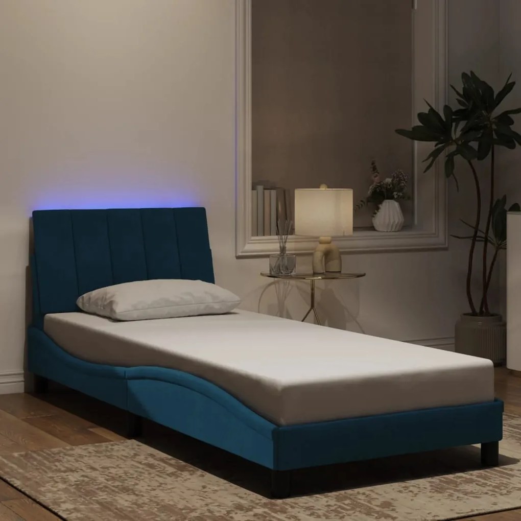 3213761 vidaXL Рамка за легло с LED осветление, синя, 90x200 см, кадифе