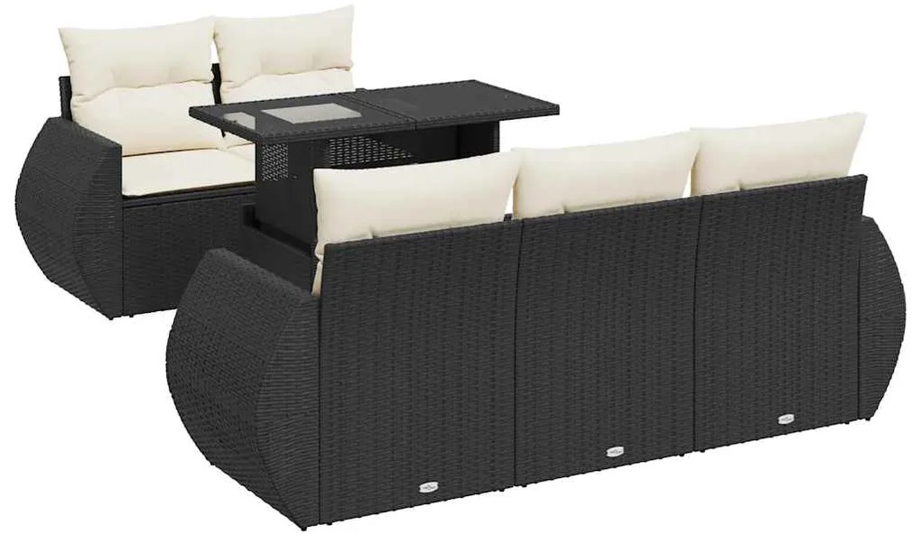 3326567 vidaXL Градински диван с възглавници, 6 части, черен, полиратан