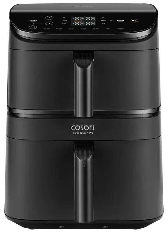 Двоен фритюрник с горещ въздух Cosori CAF-DC121 Turbo Tower, 2630W, 4.3/6.5 л, 7 програми, 30-230C, Сензорно управление, Таймер, Студени стени, Черен