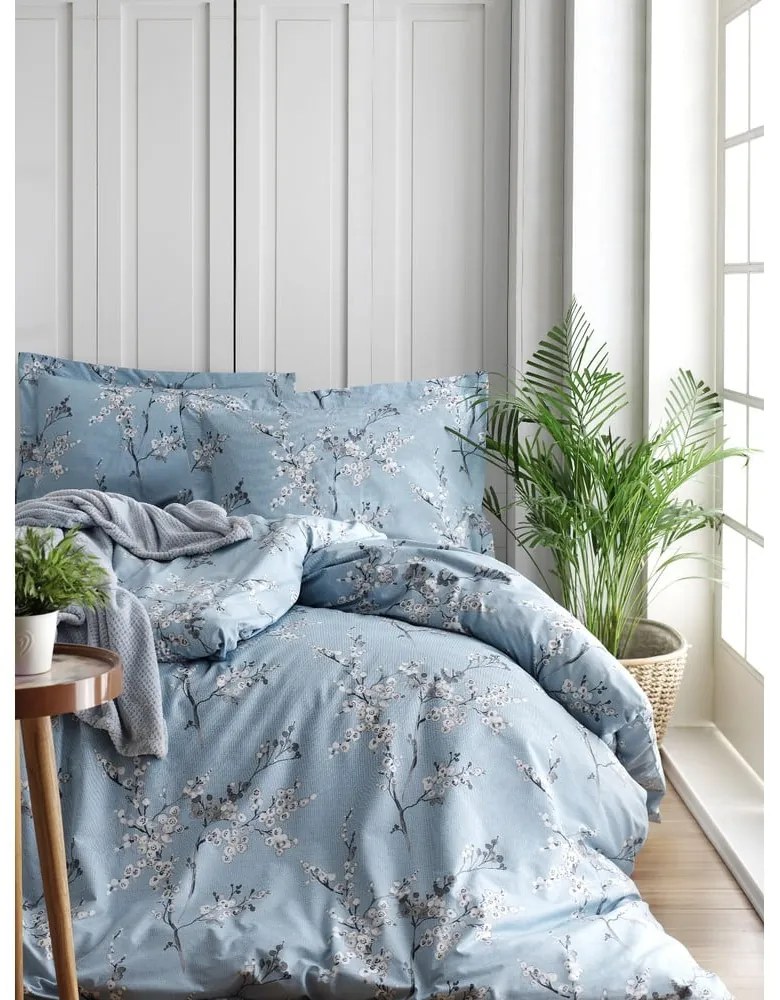 Синьо двойно удължено спално бельо от памук Renforcé 240x220 cm Blue Floral – Mila Home Luxury