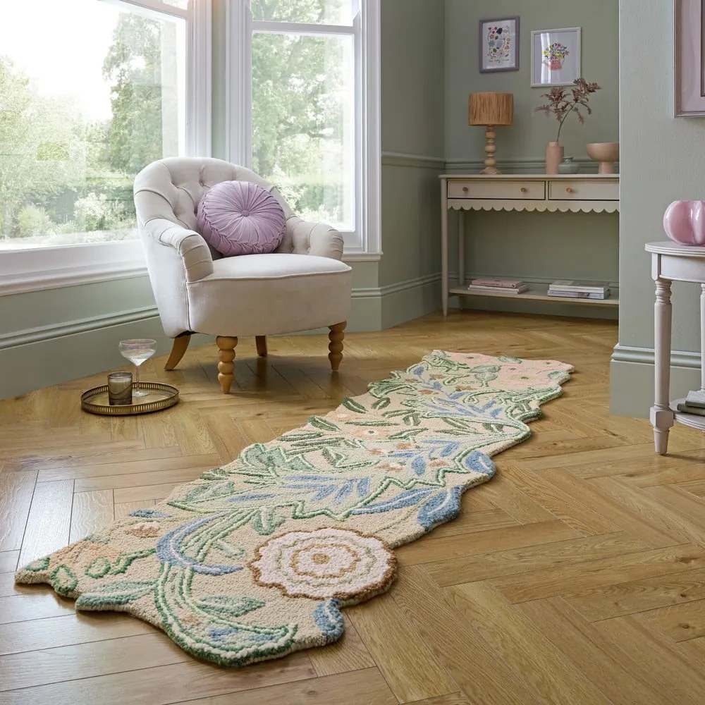 Зелена ръчно изработена вълнена пътека 60x230 cm Bryony Shaped Floral – Flair Rugs