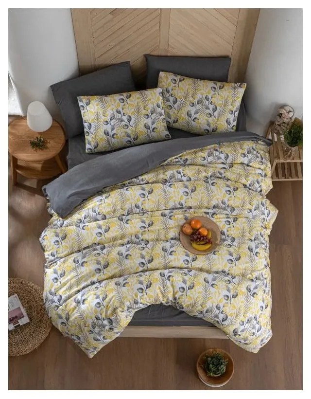 Жълто и сиво двойно удължено спално бельо с включен долен чаршаф 4 части 200x220 cm Leaves – Mila Home