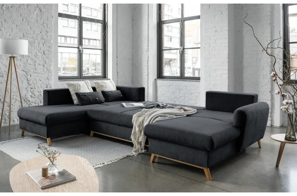 Тъмно сив U-образен разтегателен диван, ляв ъгъл Scandic Lagom - Miuform