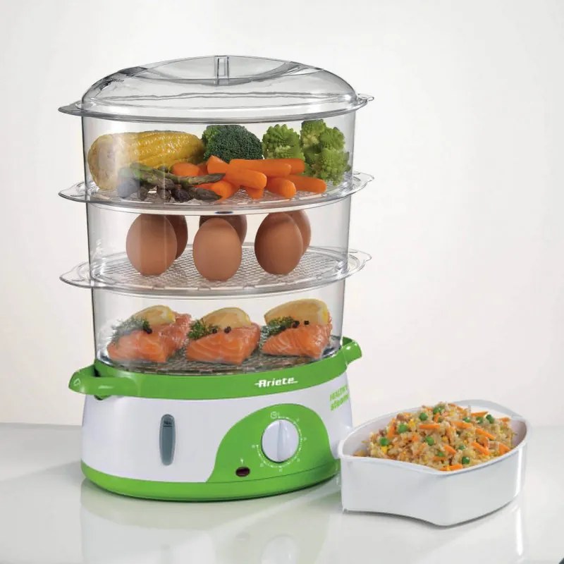 Уред за готвене на пара Ariete HEALTHY STEAM 0911/01, 800W, 9 л, 3 кошници, Таймер, Външно пълнене, Бял/зелен