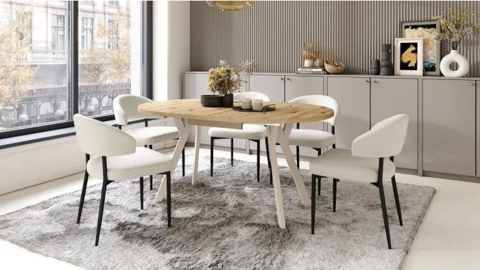 АЛМО Дъб Артисан/бежови крака - КРЪГЛА РАЗТЕГАТЕЛНА МАСА С Y-ОБРАЗНИ КРАКА В ЛОФТ/ИНДУСТРИАЛЕН СТИЛ ЗА ХОЛ ИЛИ ТРАПЕЗАРИЯ