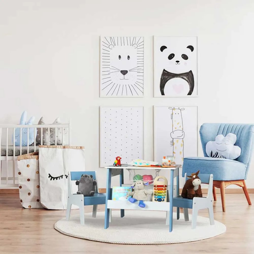 GINGER HOME К-кт дървена маса с 2 столчета с контейнер за съхранение БЯЛО/СИНЬО