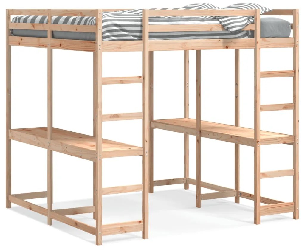 3284236 vidaXL Таванско легло с бюро и стълба 140x200 см масивна дървесина бор