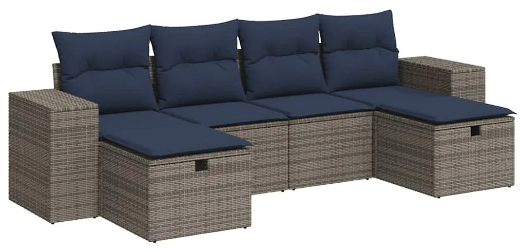 3325727 vidaXL Градински диван с възглавници, 6 части, полиратан, сив