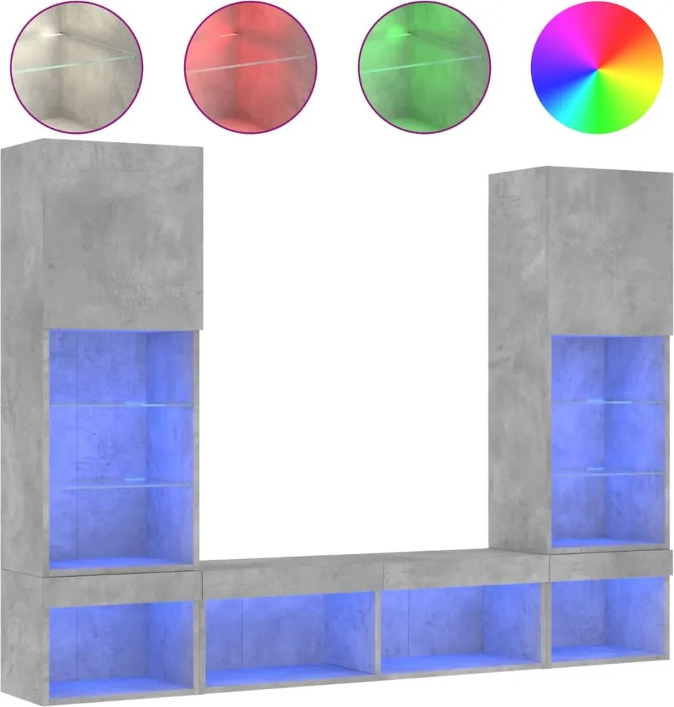3216693 vidaXL ТВ стенни модули с LED, 5 части, бетонно сиви, инженерно дърво