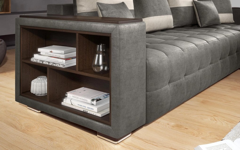 Разтегателен ъглов диван с подлакътник етажерка Мелвин