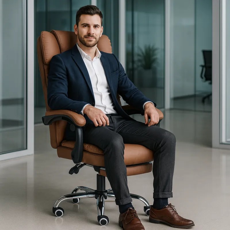 Удобен офис фотьойл с подложка за крака и масаж - кафява екокожа