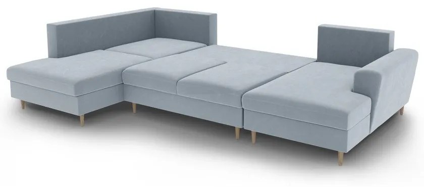 Светлосин кадифен разтегателен ъглов диван с място за съхранение (ляв ъгъл/U форма) Kyoto – Cosmopolitan Design