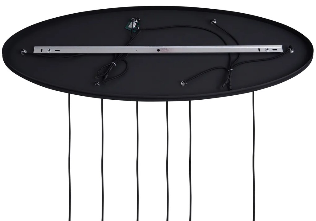 Арт Деко висяща лампа черна с овална таванна плоча и зелено и синьо стъкло 6 светлини - Douglass