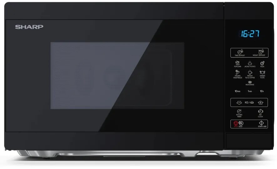 Микровълнова печка Sharp YC-MS02E-B, Fully Digital, Cavity Material -steel, 20l, 800 W, LED Display Blue, Timer & Clock function, Child lock, Silver/Black door, Defrost, Cabinet Colour: Black