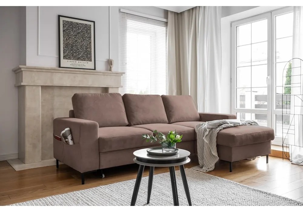 Кафяв разтегателен ъглов диван от рипсено кадифе (десен ъгъл) Lofty Lilly – Miuform