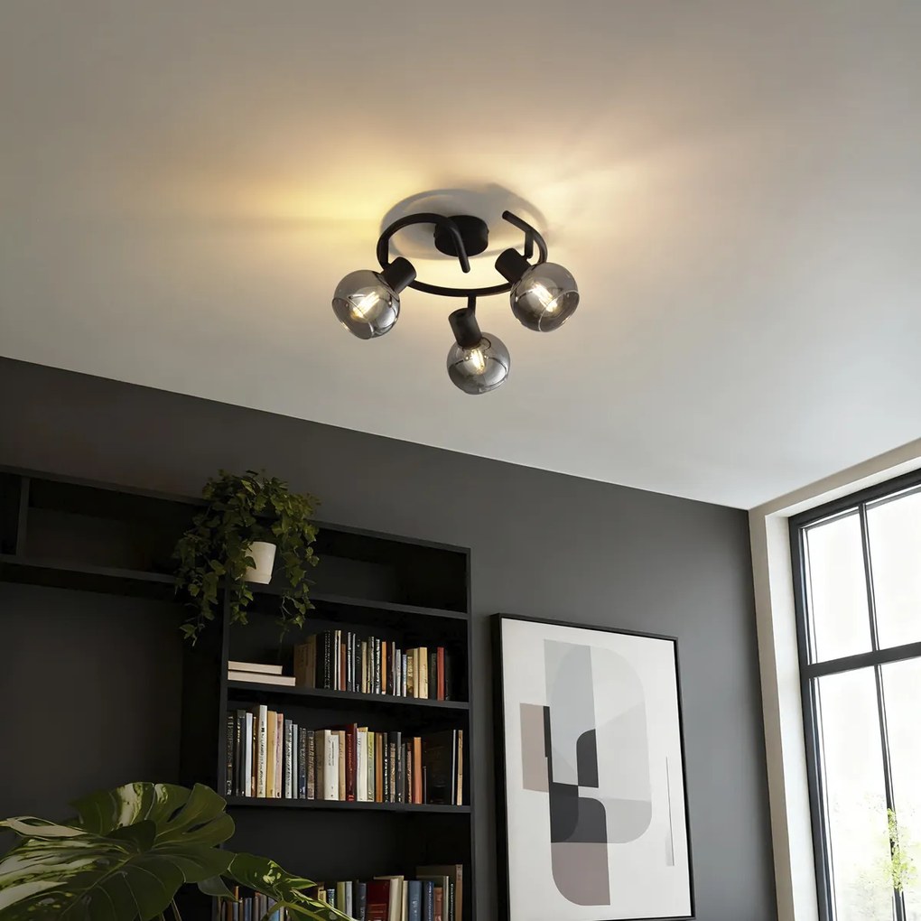 Таванна лампа в стил арт деко черна с опушено стъкло 3-светлина кръгла - Vidro