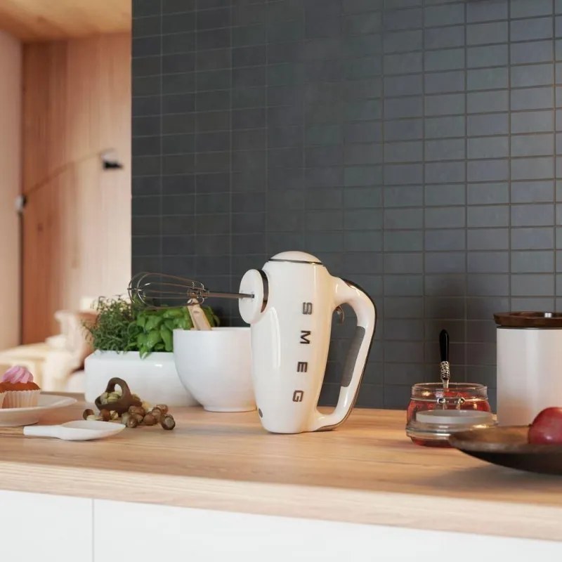 Ръчен миксер SMEG 50's Style HMF01WHEU, 250W, 9 скорости, Турбо, Скрит LED дисплей, Таймер, Аксесоари, Бял