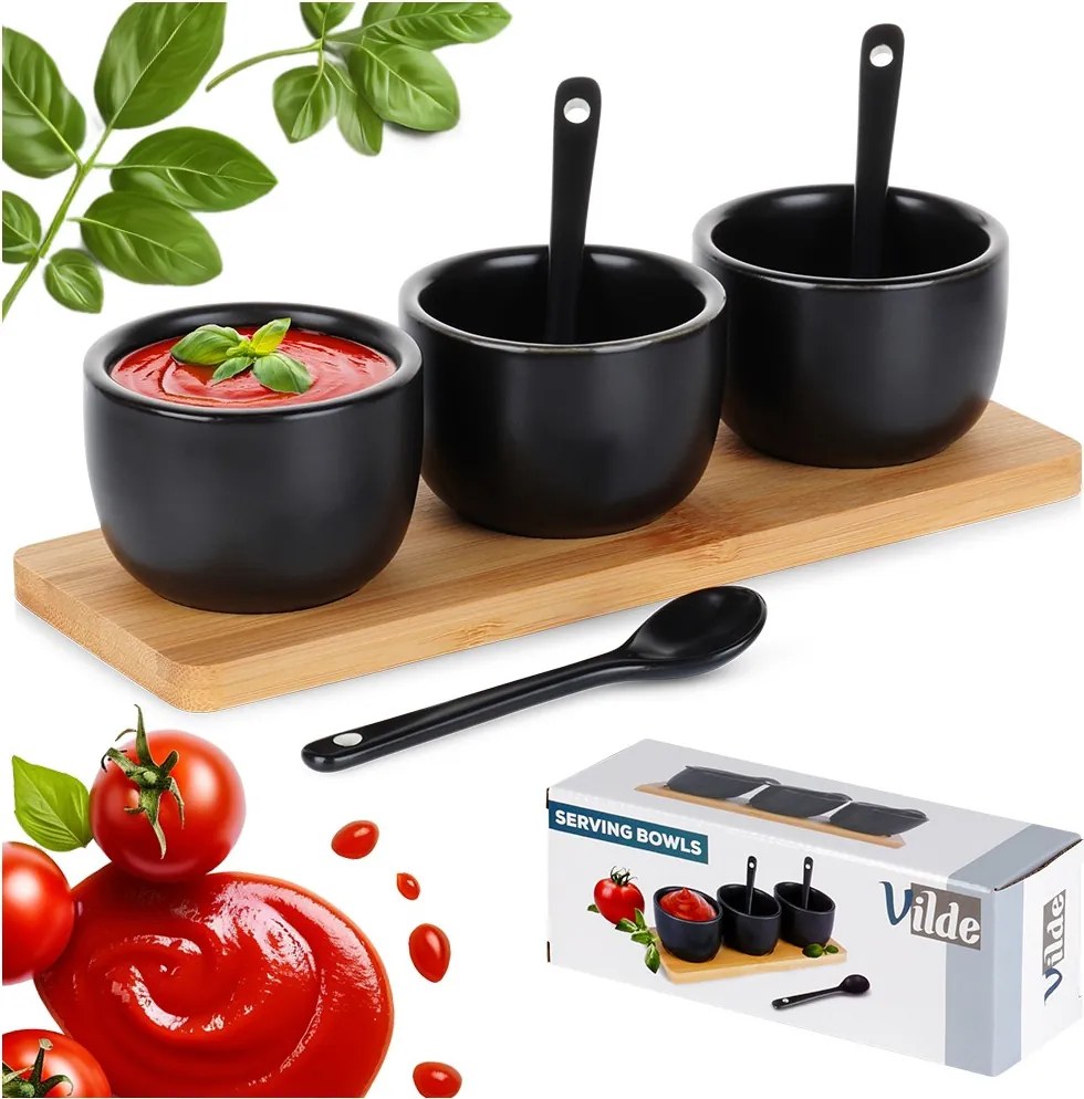 Комплект от 3 керамични купи с лъжици върху бамбуков поднос, 22x7x6см, черни