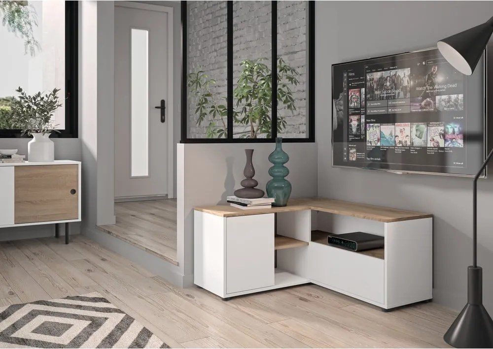 Масичка за телевизор с дъбов декор в бял и естествен цвят 90x45 cm Angle - TemaHome