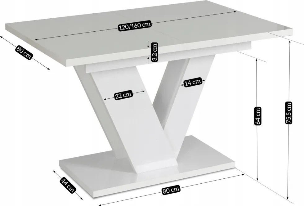 Сгъваема маса за хранене CLARK - бял гланц, 120-160 cm