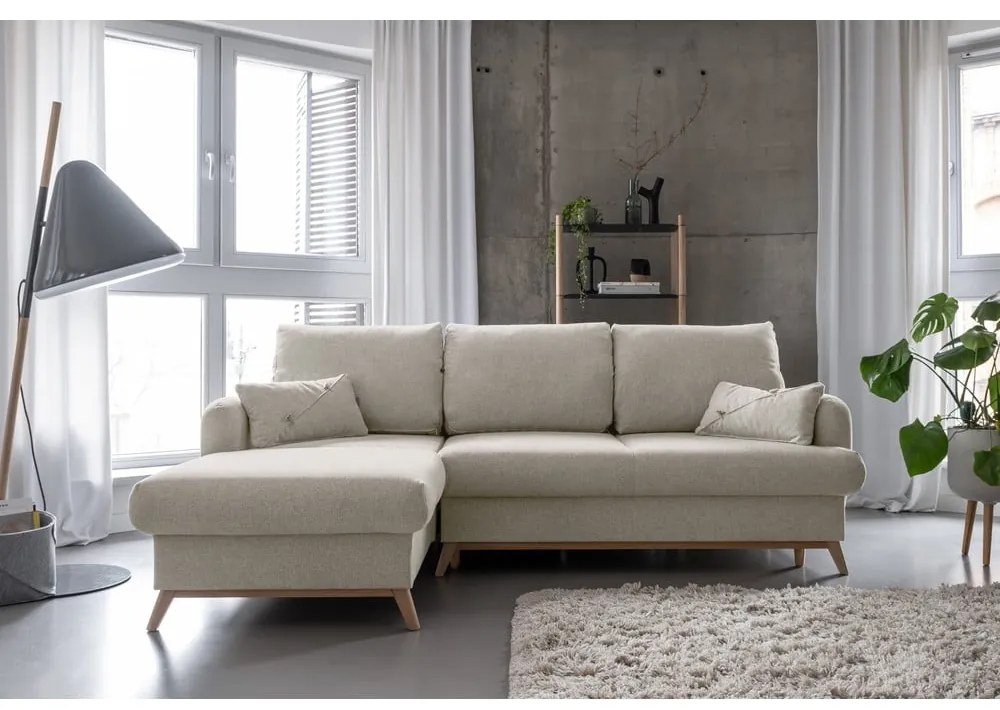 Бежов разтегателен/с място за съхранение ъглов диван (ляв ъгъл) Scandic Lagom – Miuform