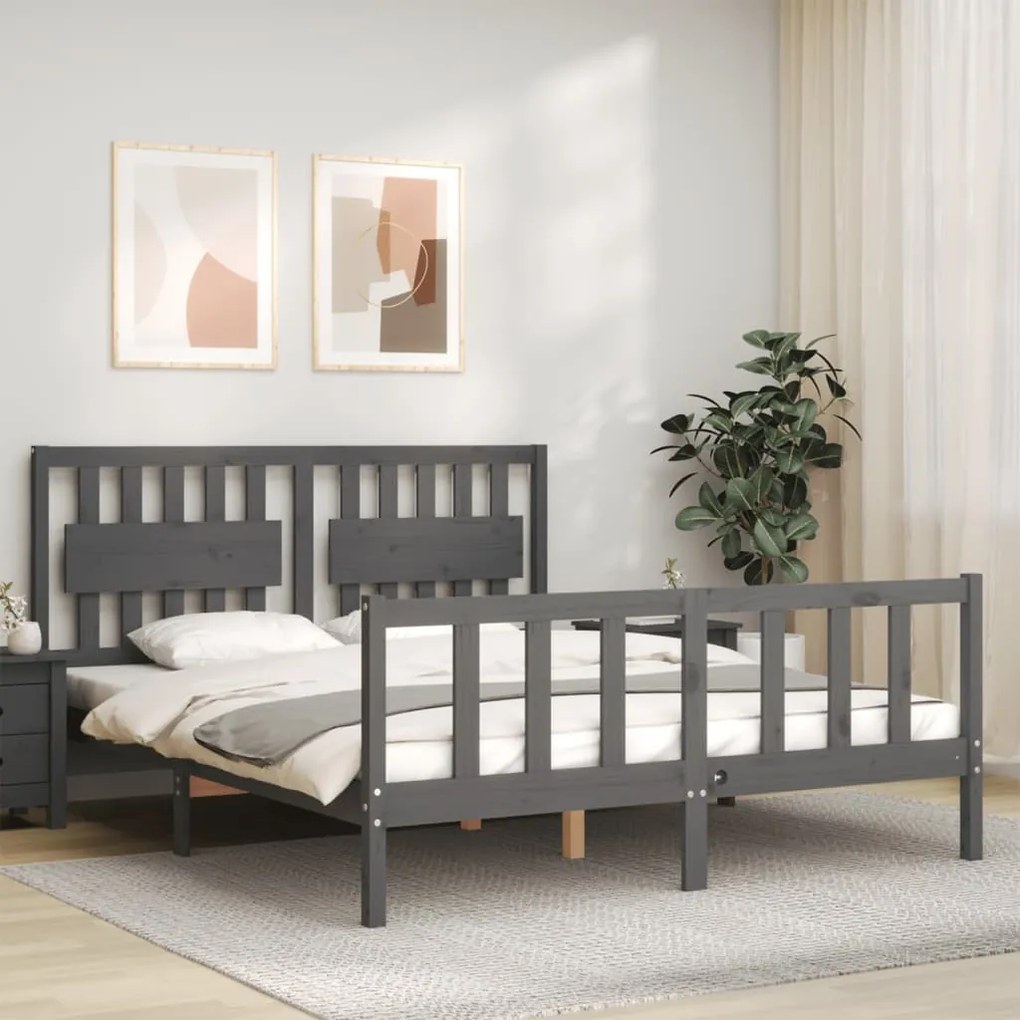 3192433 vidaXL Рамка за легло с табла сива 5FT King Size масивно дърво