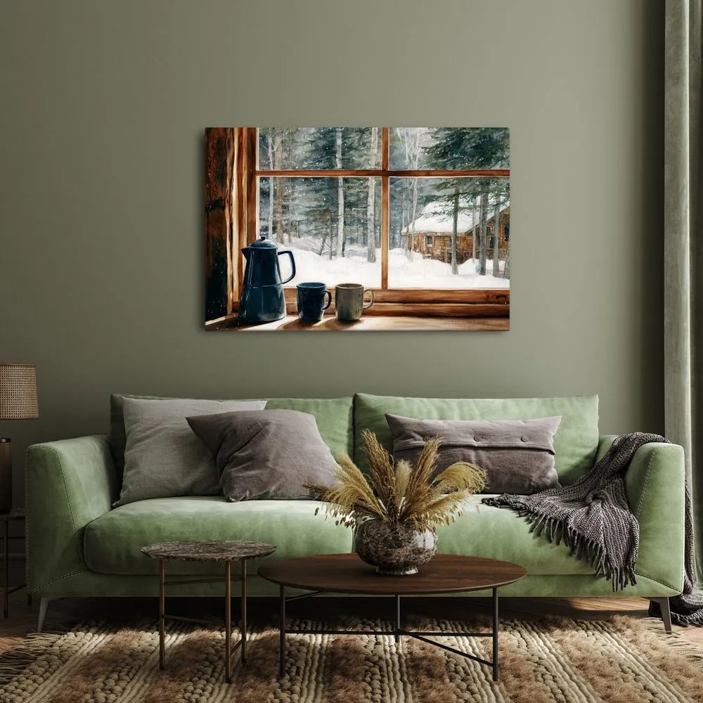 Картина на платно Коледна – Гледка от уютна горска хижа
