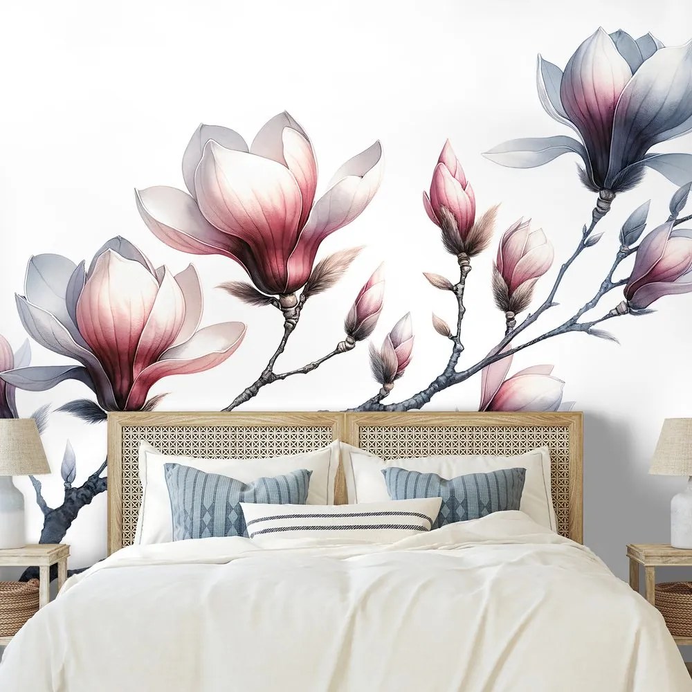 Самозалепващ фототапет – Нежни магнолии на бял фон