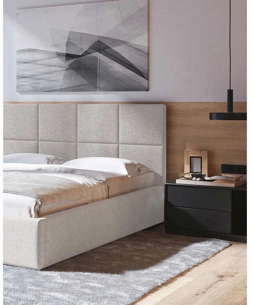 Бежово тапицирано двойно легло с място за съхранение с решетка 180x200 cm Bufo - MESONICA