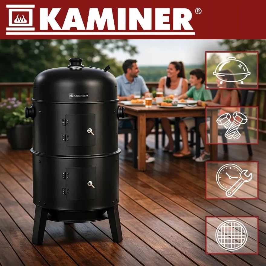 Градинска скара на дървени въглища с пушилня 3 в 1