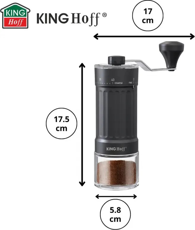 Ръчна кафемелачка Kinghoff KH 2002, 30 г, Керамичен механизъм, Безстепенно регулиране на фиността на смилане, Черен