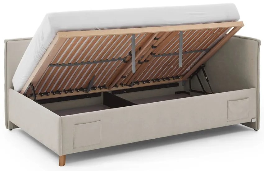 Бежово тапицирано ъглово детско легло 140x200 cm с място за съхранение с включена подматрачна рамка Fun – Meise Möbel