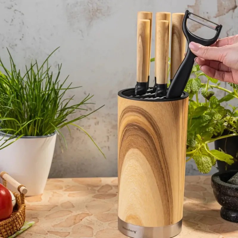 Комплект кухненски ножове Klausberg KB 9036, 7 ч, Неръждаема стомана, Дървесен ефект, Стойка, Кафяв