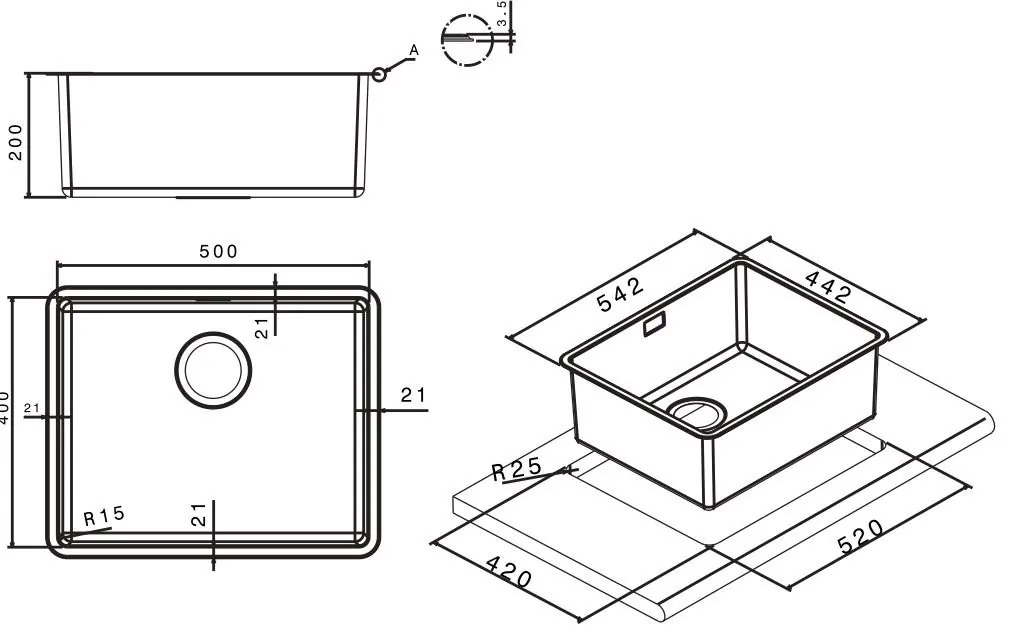 Apell Linear Plus Sink Sub-38.2 x 44.2 cm