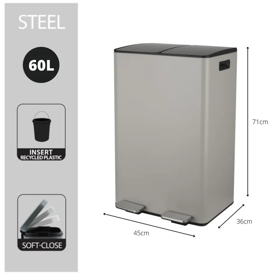 Кафяво-сиво стоманено кошче за боклук 2x30 l за рециклиране с педал Aliya – Spirella